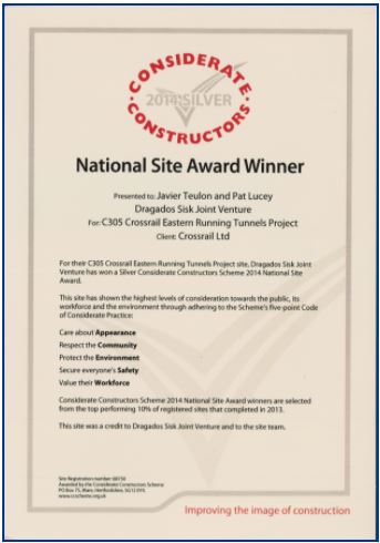 Considerate Constructors Scheme 2014 Silver National Site Award for C305 Crossrail Eastern Running Tunnels Project site